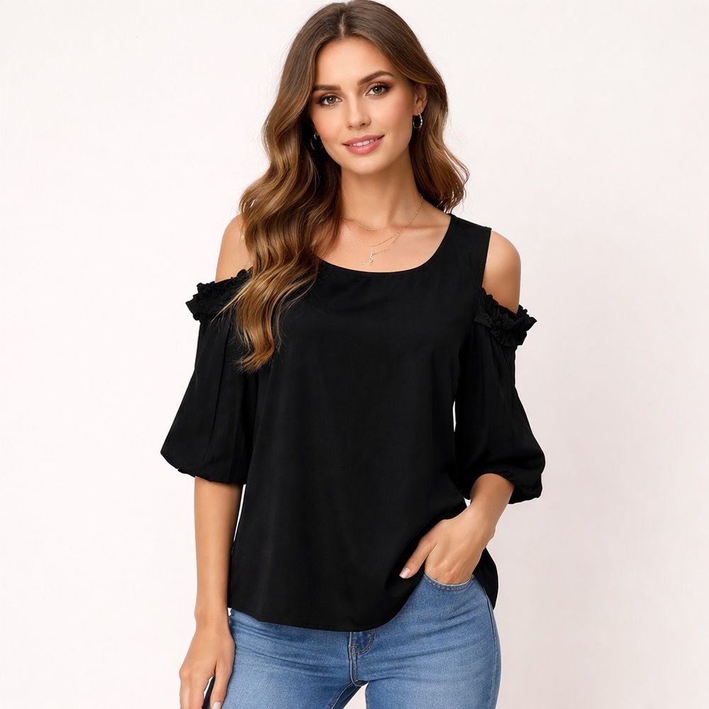 Velvet by Graham & Spencer Anthropologie medium black blouson sleeve top